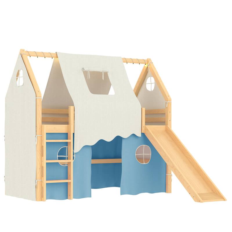 Fairytale Loft Bed Wooden House Bed with Tents, Light Strip and Slide