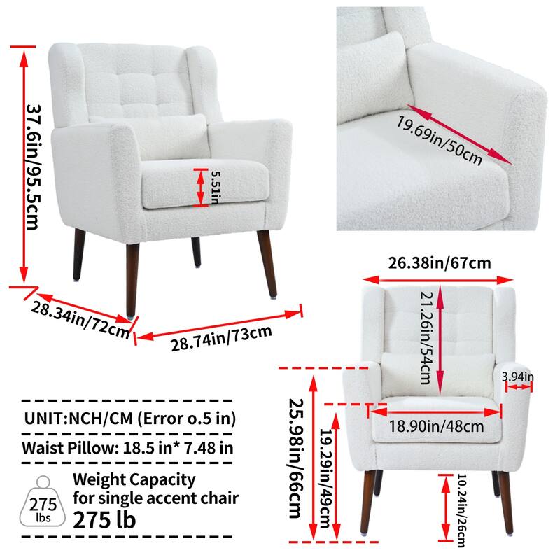 Teddy Fabric Accent Chair with Wooden Legs and Mid-Century Lounge Chair (275lb Capacity)