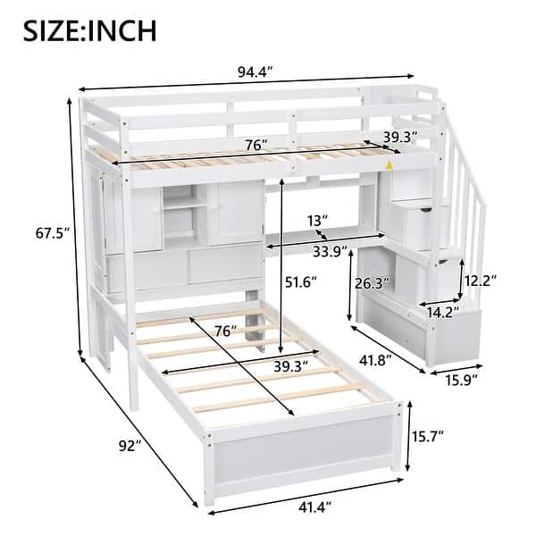dimension image slide 1 of 2, Loft Bed with Built-in Desk and Staircase, With Storage Compartments and Shelves