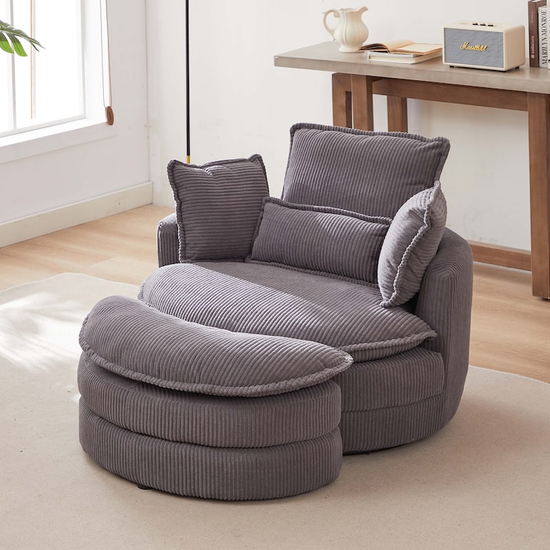 38"W Corduroy Oversized Swivel Chair with moon storage ottoman