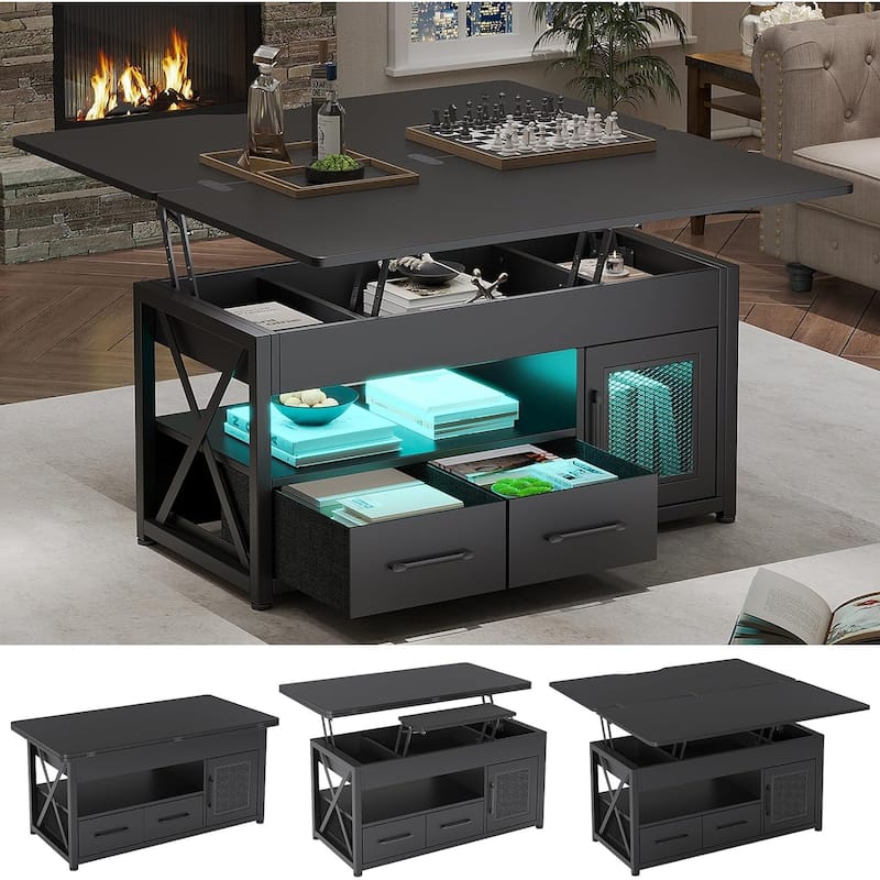 Lift Top Coffee Table Storage Cabinet 2 Fabric Drawers Living Room - Black