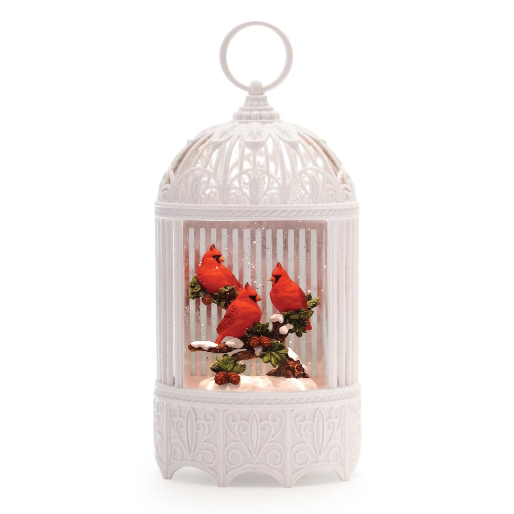 Red Cardinal Branch Snow Globe with LED Light Motorized Glitter USB Powered and Timer Function - 5.25”L x 3.25”W x 11.25”H