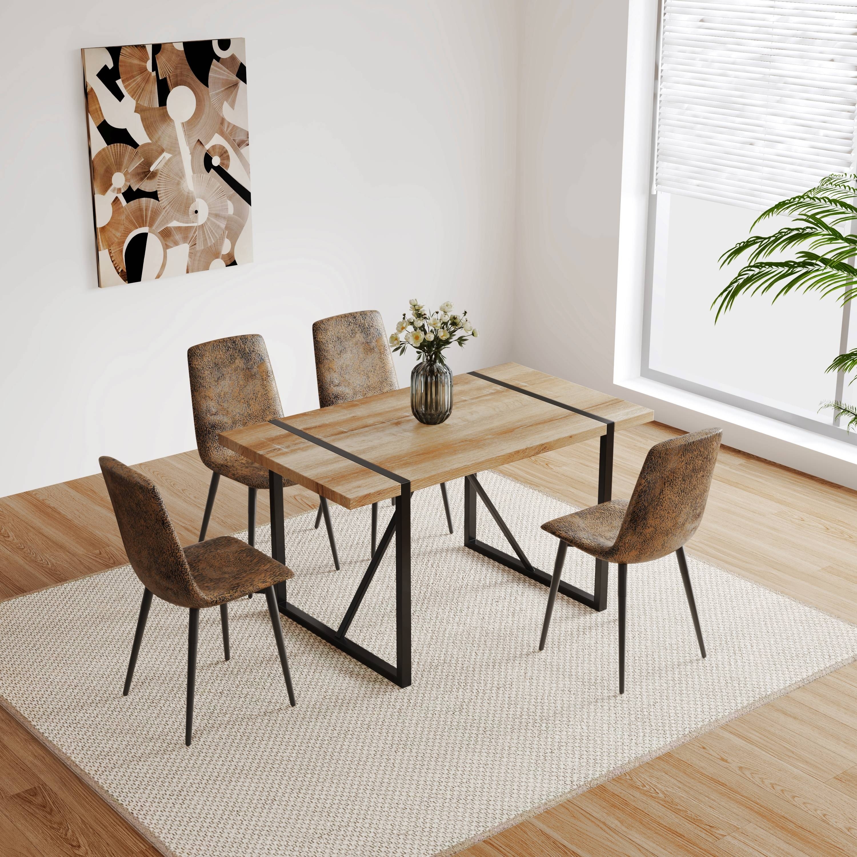 Modern 5-Piece Dining Set with Rectangular MDF Table & 4 Square Corner Metal Legs Chairs