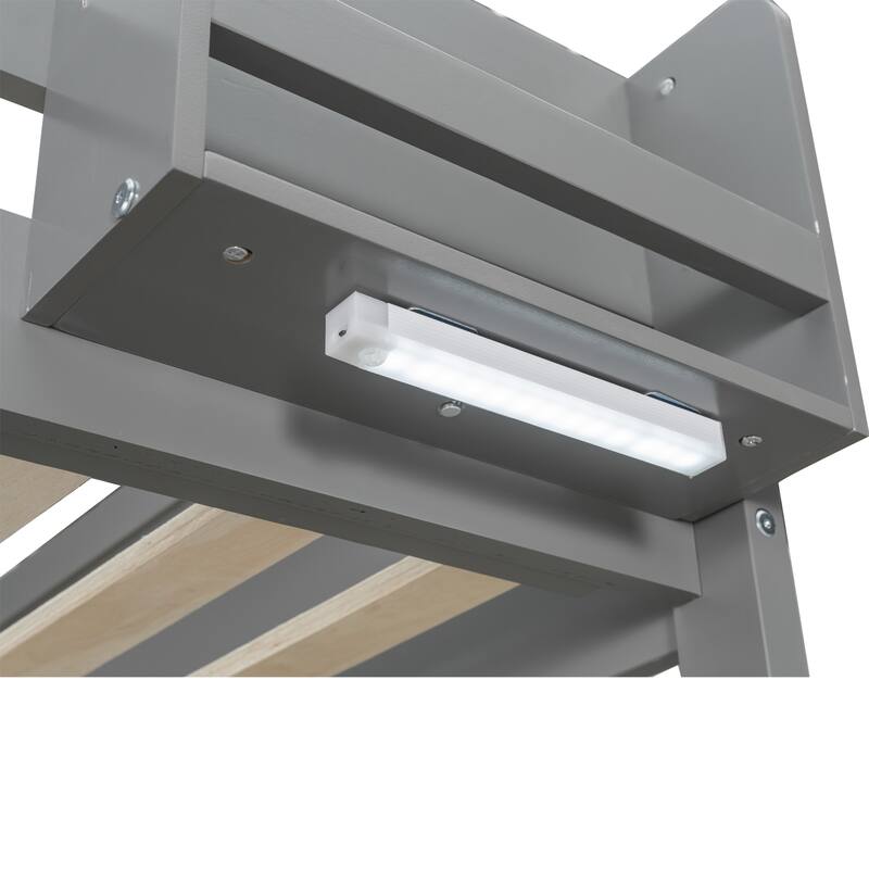 Queen Wooden Bunk Bed with Storage Shelves LED Light USB Charging Station