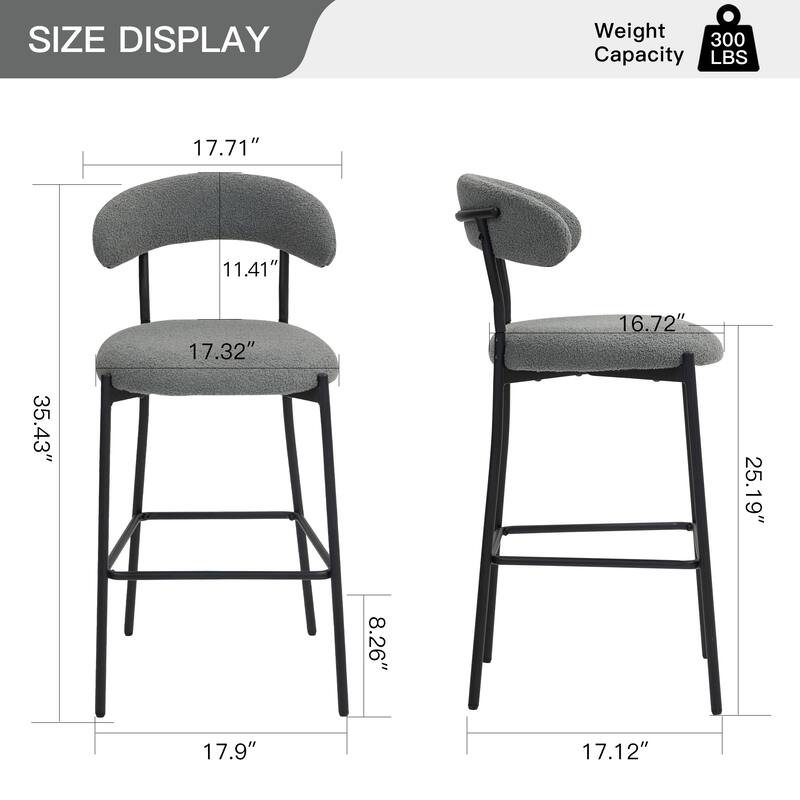 26" Counter Height Bar Stools Teddy Fabric Cover Kitchen Island Counter Bar Stool with Black Powder Coating Base and Footrest