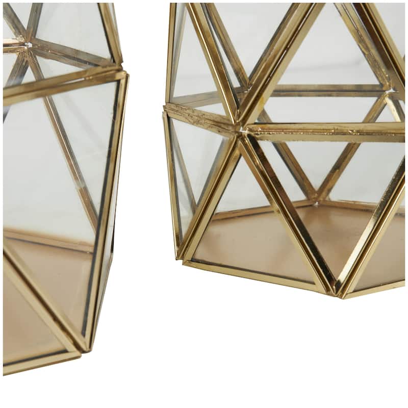 Metal Geometric Wide Diamond Patterned Hexagon Indoor Outdoor Candle Lantern - Set of 3 Gold - CosmoLiving by Cosmopolitan