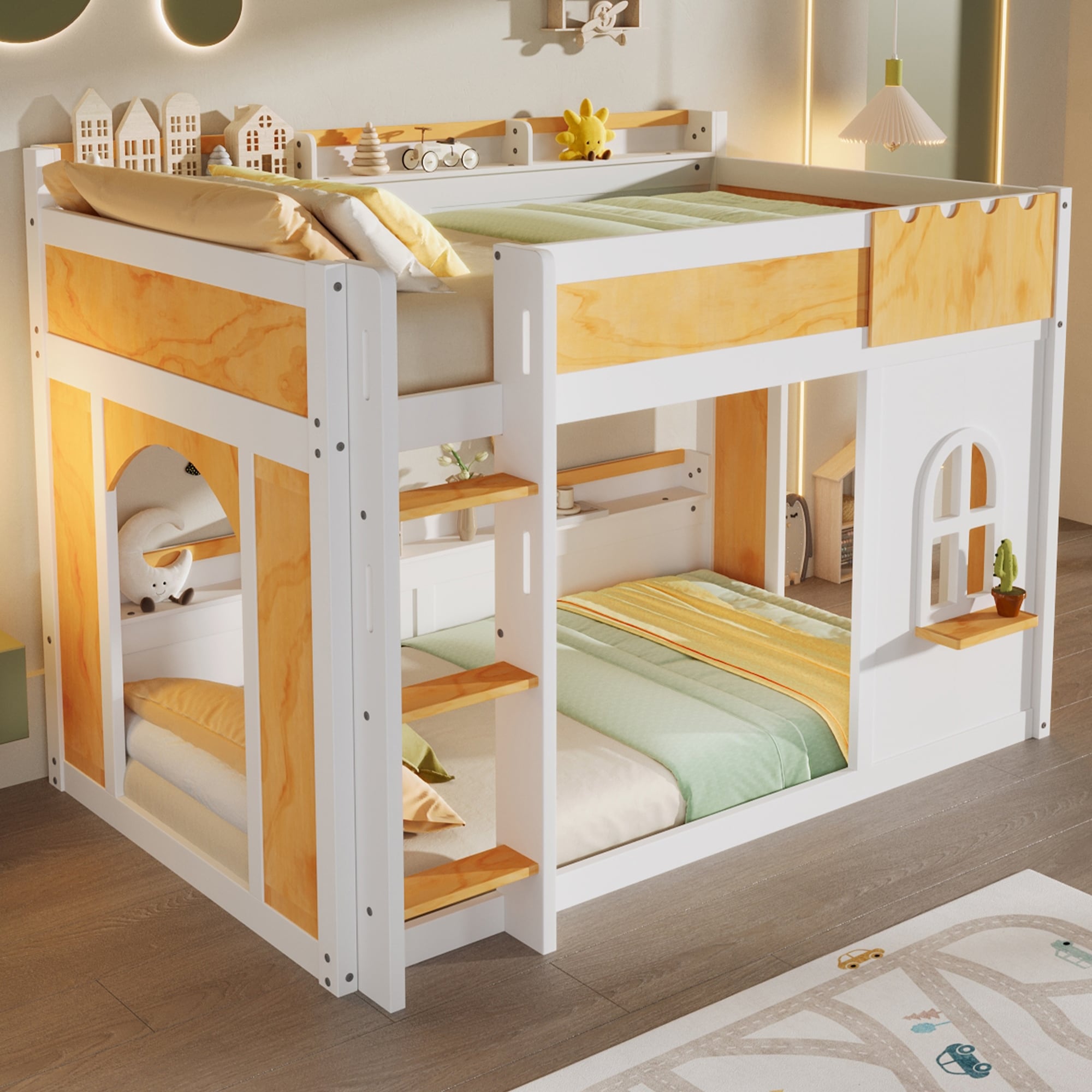 Kids Wooden Bunk Bed with Built-in Storage Shelves, Playful Window and 2 Doors