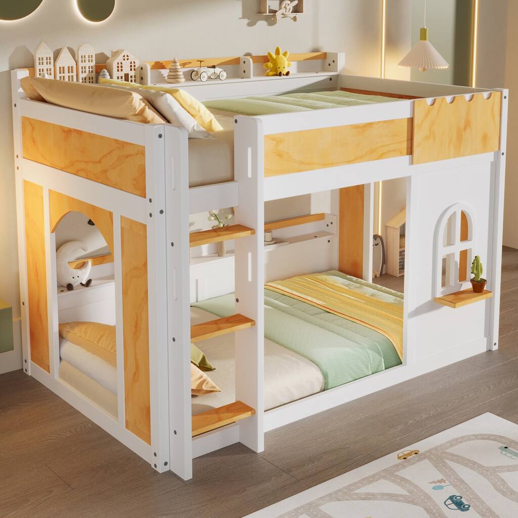 Kids Wooden Bunk Bed with Built-in Storage Shelves, Playful Window and 2 Doors