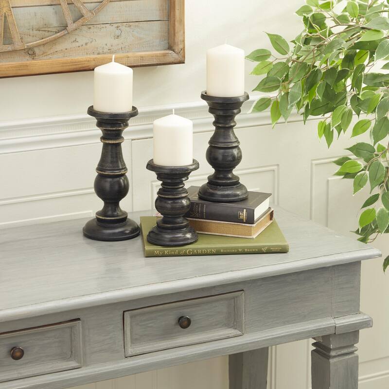 Mango Wood Turned Style Pillar Candle Holder (Set of 3) - White, Brown, Gold, Black, Light Blue, Cream, Silver - Black