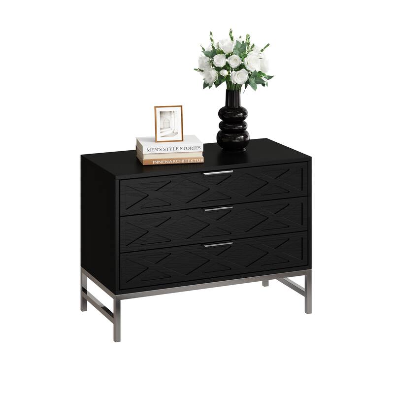 31.5 Inch Wide Nightstand with 3 Drawers Black Wooden Bedside Table