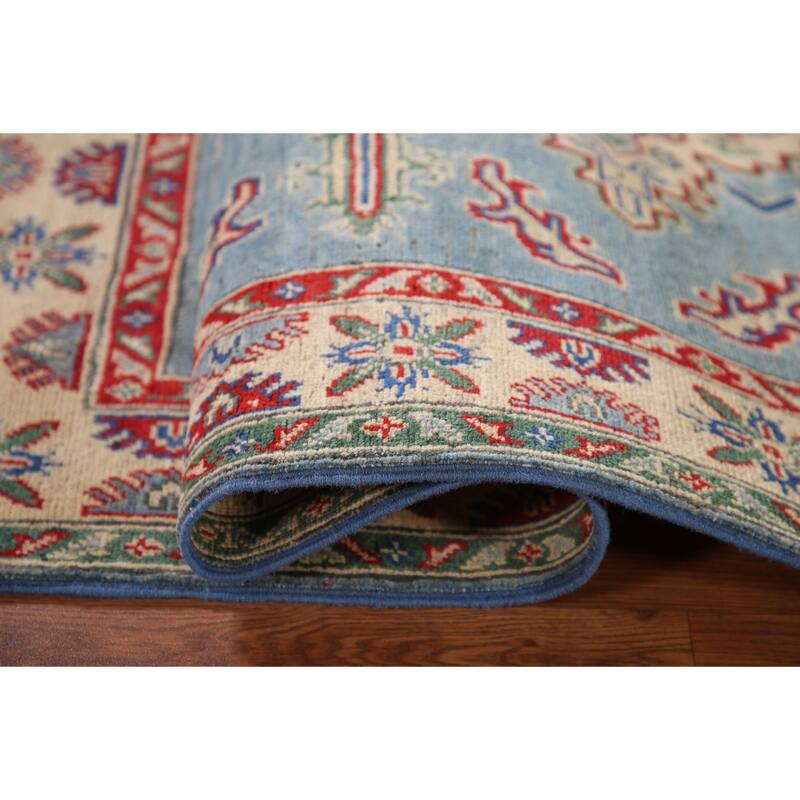 Light Blue Geometric Kazak Oriental Rug Hand-Knotted Wool Carpet - 3'4"x 4'10"