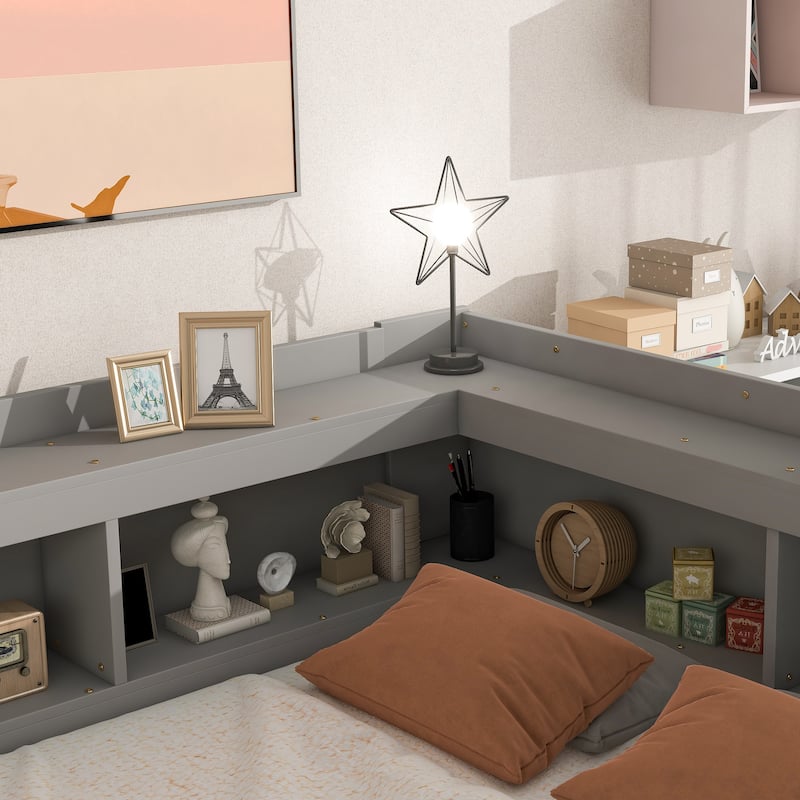 Pine Platform Bed with 2 Drawers & L-shaped Bookcases