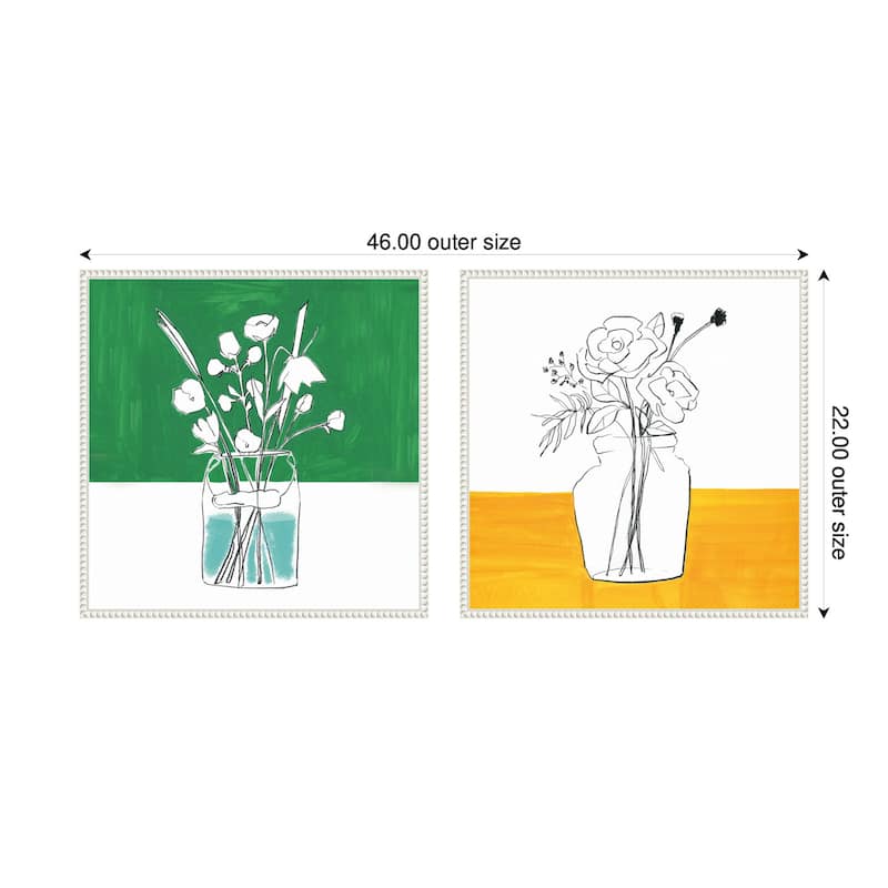 Kate and Laurel Sylvie Beaded Minimalist Floral Vase Green and Yellow Framed Canvas Art Set by Teju Reval