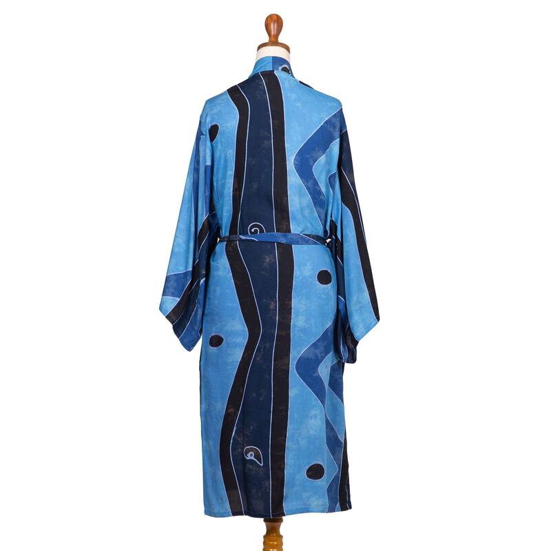 Novica Handmade Cerulean Ocean Rayon Batik Robe