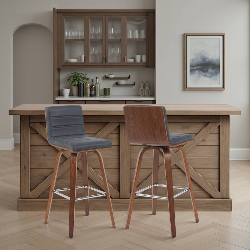 Skara Swivel Bar Stool, Upholstered Bar Height Chair with Bentwood Frame - Vintage Black Faux Leather & Walnut - Set of 2