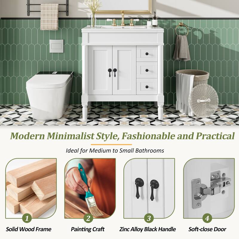 30" Bathroom Vanity with Ceramic Sink Bathroom Storage Cabinet with 3 Drawers and U-Shaped Adjustable Shelf