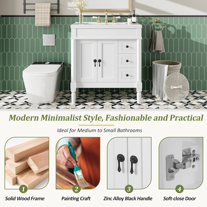 30-Inch Modern Bathroom Vanity with Ceramic Sink, Soft-Close Doors & Drawers, U-Shaped Adjustable Shelf, and Zinc Alloy Handles