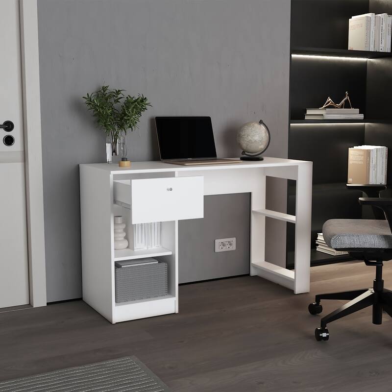 Wide Home Office Desk with Storage Shelves and Drawer, Rectangular Computer Table for Workspace