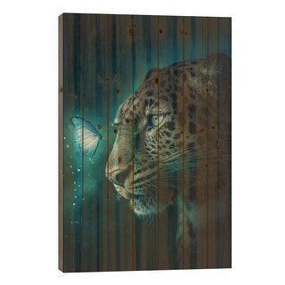Jaguar And Butterfly Print On Wood by Adam Cousins - Multi-Color