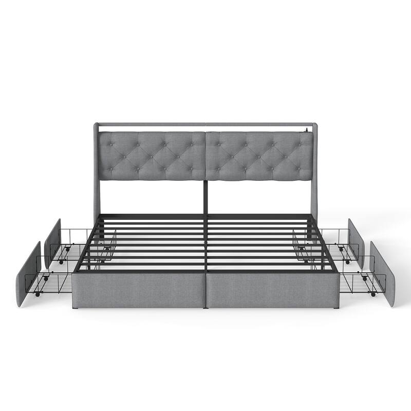 King Metal Platform Bed Frame - Grey, Storage Headboard with RGB LED & Charging Station