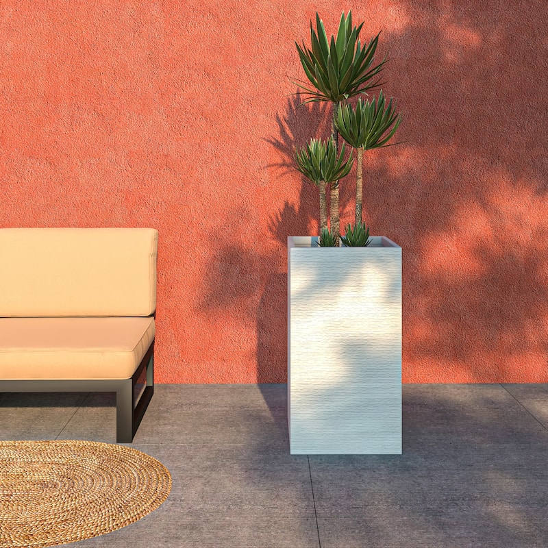 Basalt Modern Tall Square MGO Fiberstone Planter Pot Weather-Resistant Design for Indoor Outdoor Patio with Drainage - 31 Inch - White