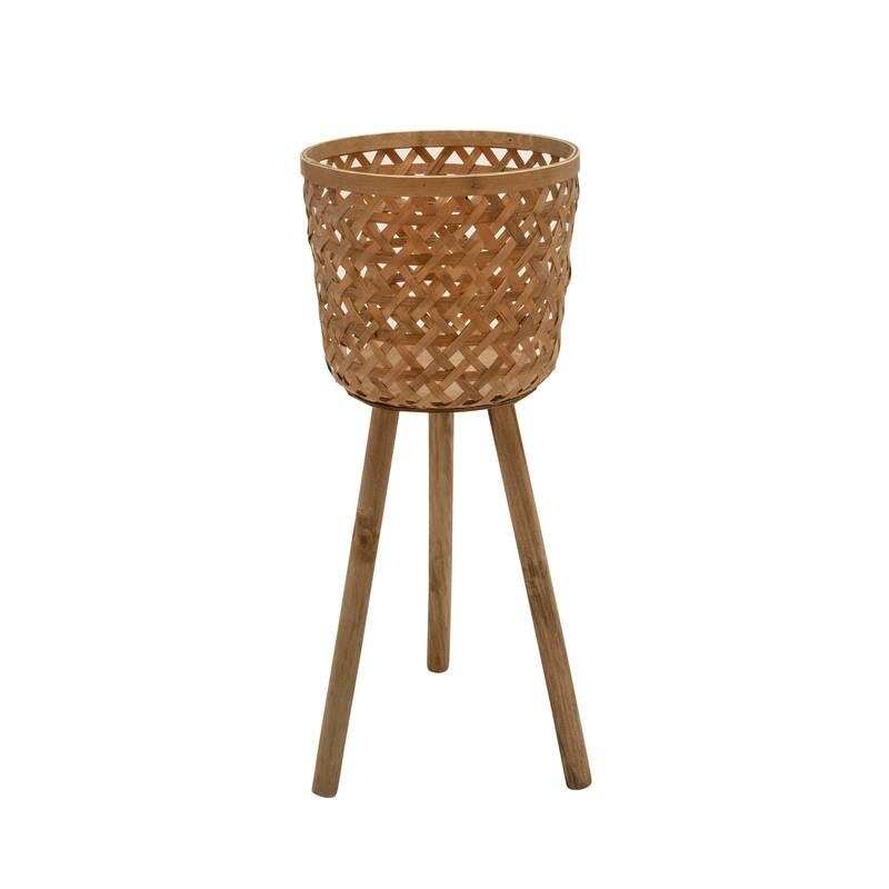 Sagebrook Home Neutral Boho Wicker Planter Stand Set, Versatile Indoor Garden Decor