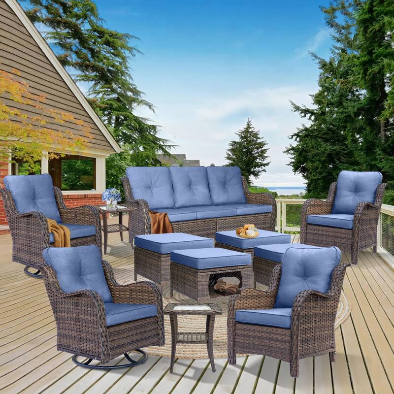11 Piece Outdoor Wicker Patio Conversation Furniture Swivel Chairs Set - Blue-Brown Rattan