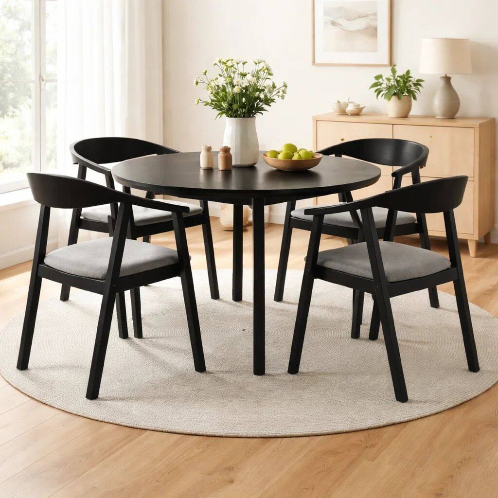 Alana Dining Chair Set of 2, Black Wood Frame, Charcoal Gray Fabric