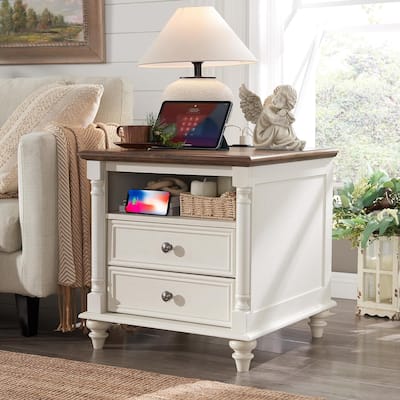 Farmhouse End Table, Sofa Side Table with Charging Station, Nightstand