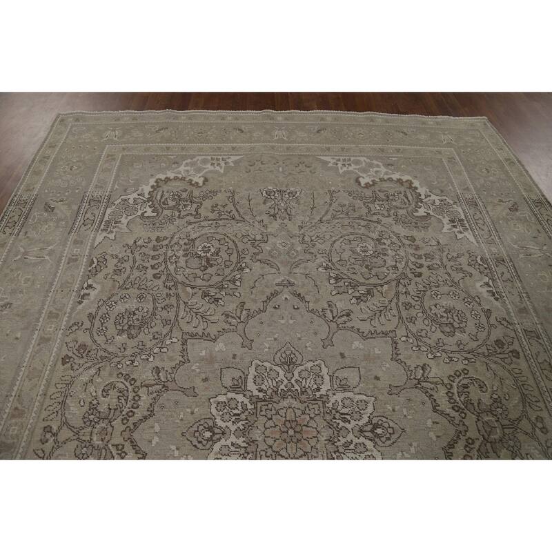 Distressed Tabriz Vintage Persian Rug Handmade Beige Wool Carpet - 8'1" x 11'4"