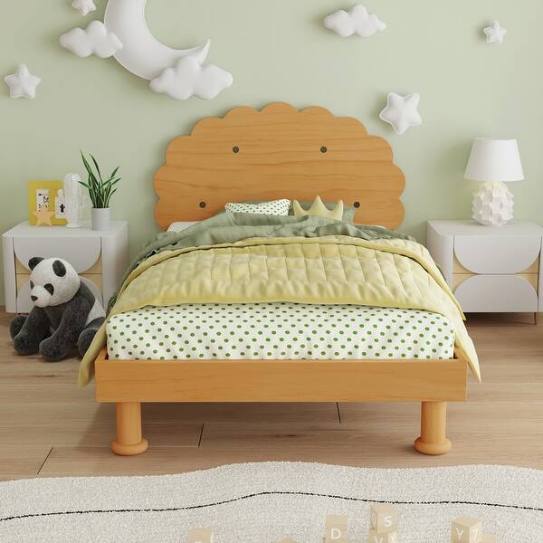 slide 2 of 16, Twin Size Cookie-Shaped Headboard Bed Frame for Boys & Girls, Low Profile Cute Design Wood Kids Platform Bed Walnut