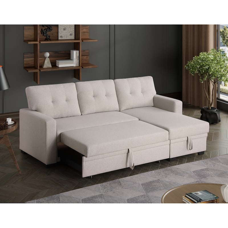 Pull-out Upholstered Sectional Sofa with Storage Chaise & Removable Cushions