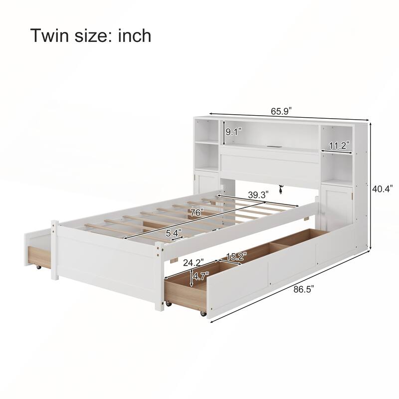 White Wooden Storage Bed with Tall Extended Bookcase Headboard and Charging Station for Teens Adults