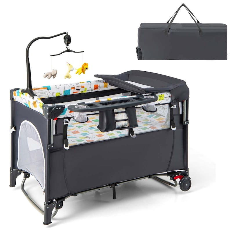 Honeyjoy 5-in-1 Baby Crib with Adjustable Height Soft Mattress - See Details - Grey - See Details