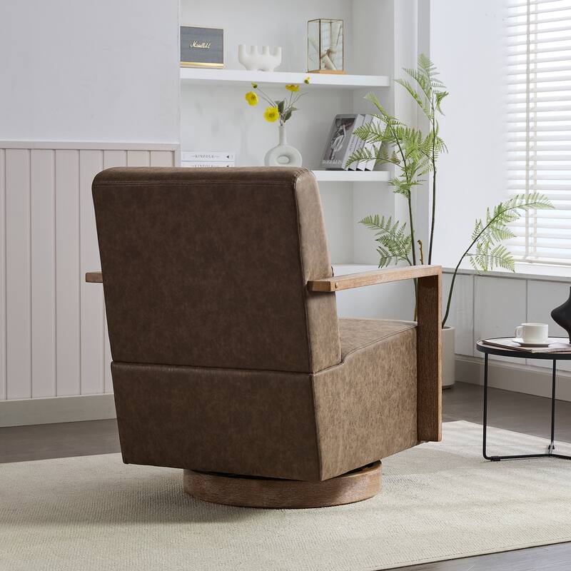 Swivel Accent Chair with Wood Armrests, Modern Faux Leather Arm Chair for Living Room, Comfy Club Reading Chairs for Bedroom