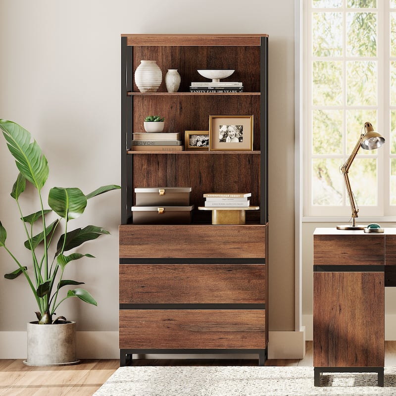 WAMPAT Modern 72" Tall Bookcase with Drawers and Open Book Shelfs, Library Book Shelf for Home Office, Living Room