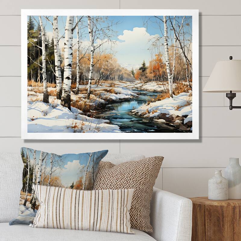 Designart "Birch Woods Winter Whispers III" Tree Birch Framed Wall Art Living Room - White - 32 in. wide x 16 in. high