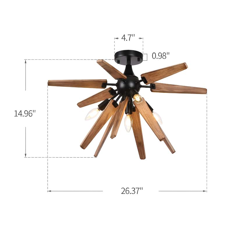 4-Light Wood Sputnik Lamp Retro Natural Wood Finish Flush Mount