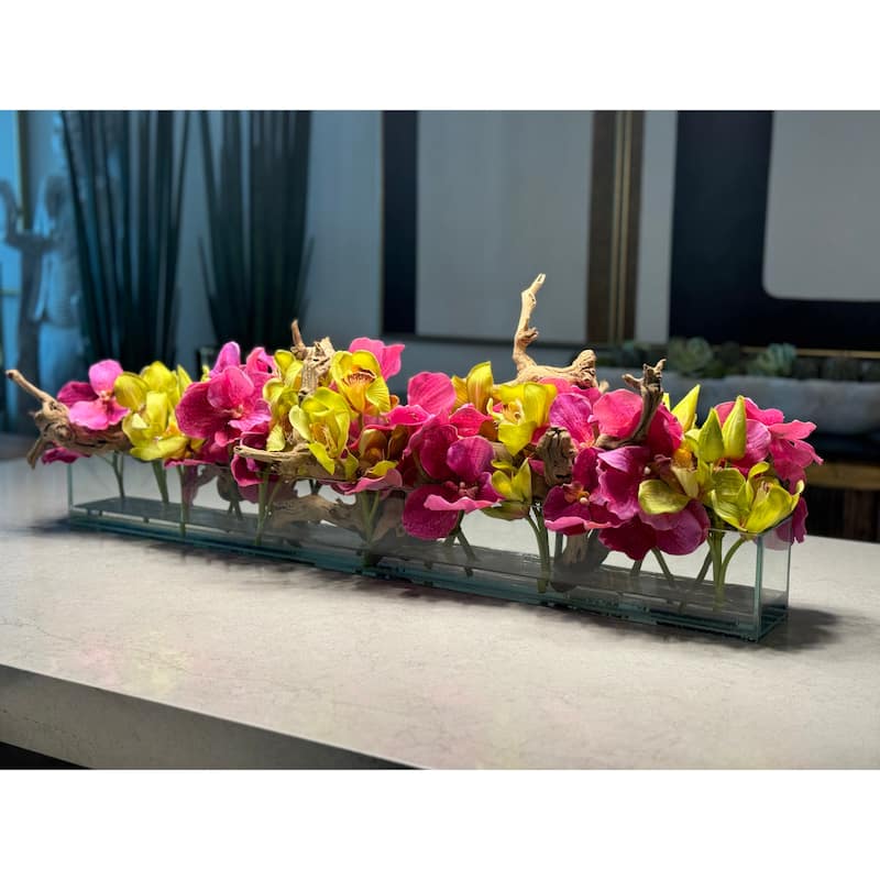 Casa Moderna Glass Planter With Pink Vandas And Green Cymbidiums