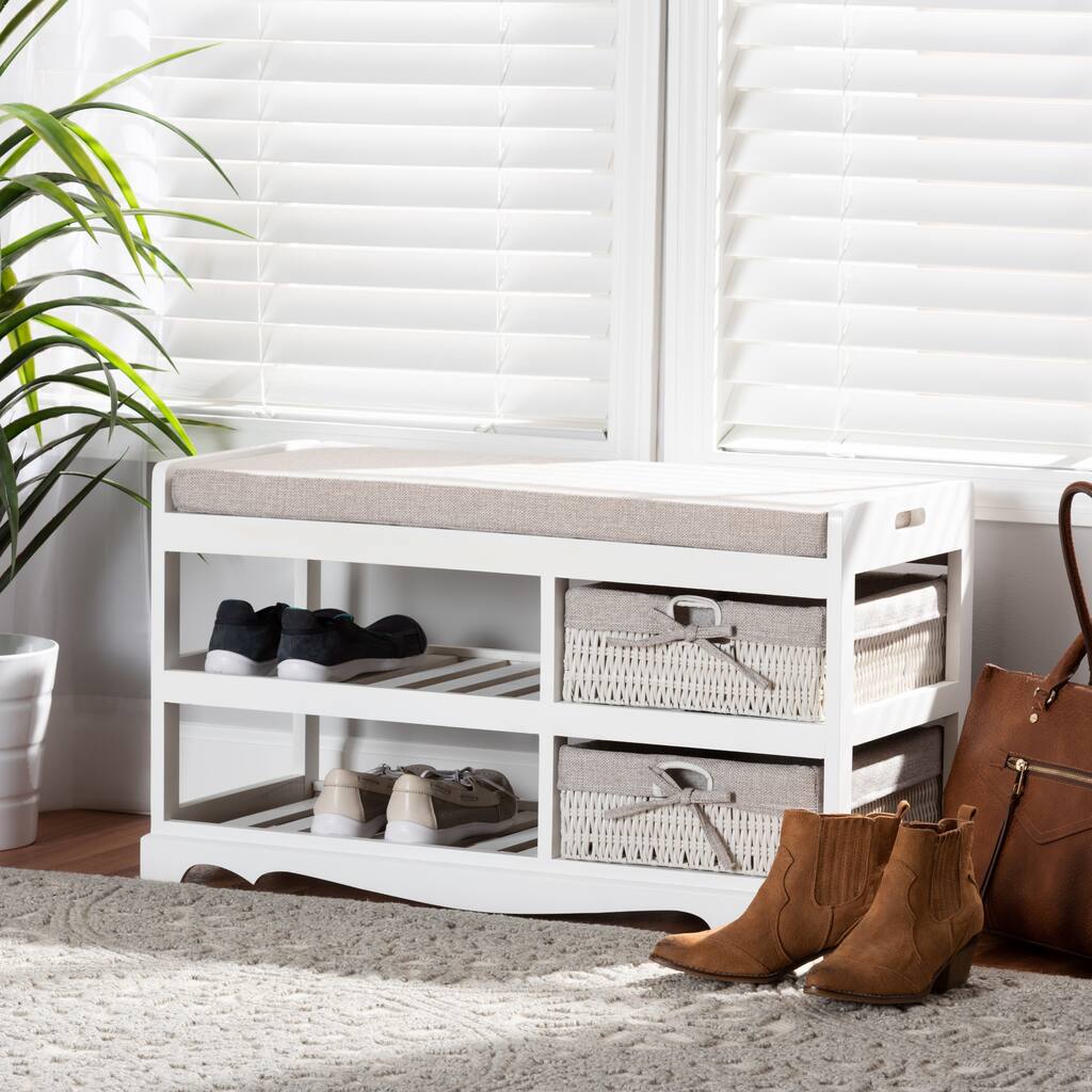 Dalair Contemporary Upholstered Wood Storage Bench with Baskets-Grey