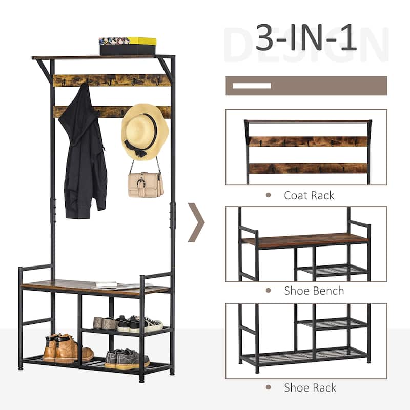 HOMCOM Hallway Tree Bench Organizer with 9 Coat Hooks, Large Sitting Bench and 3 Open Shelves for Entryway