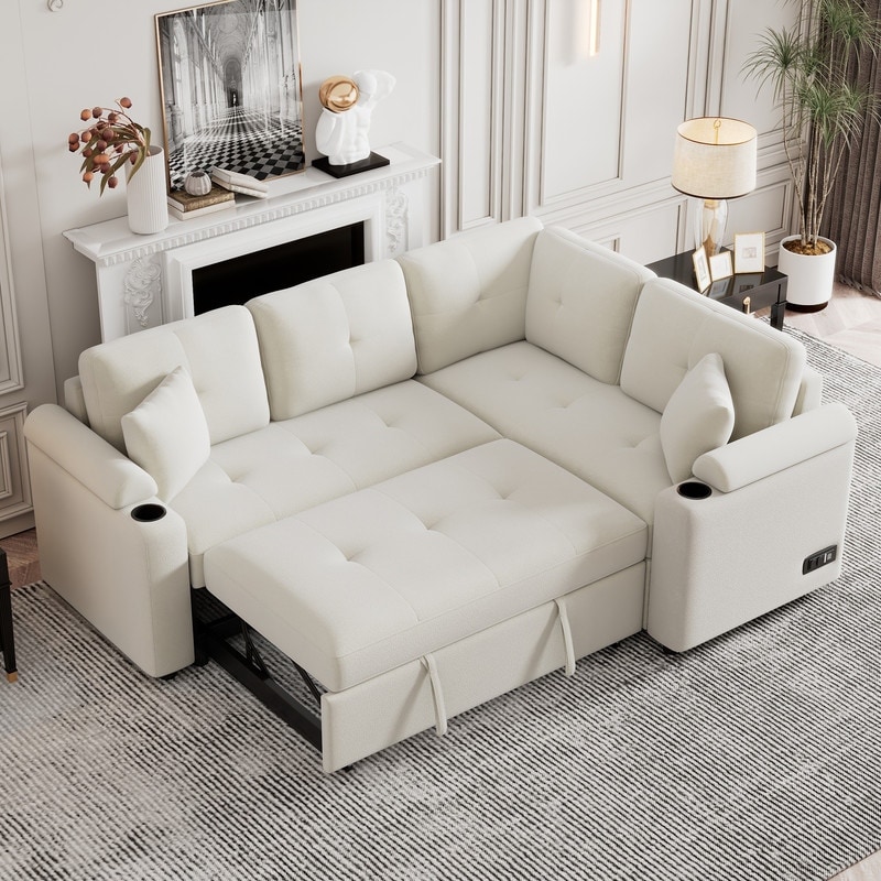 L shape Sofa Bed Pull out Sleeper Sofa with Cup Holders Corner