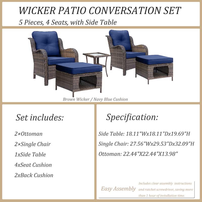 5 Piece Outdoor Wicker Patio Conversation Chair with Ottoman Set