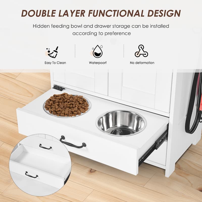 14"W Multi-functional Dog Crate,Dog Feeding Station,Double Door Locker w/2 Adjustable Dog Bowls