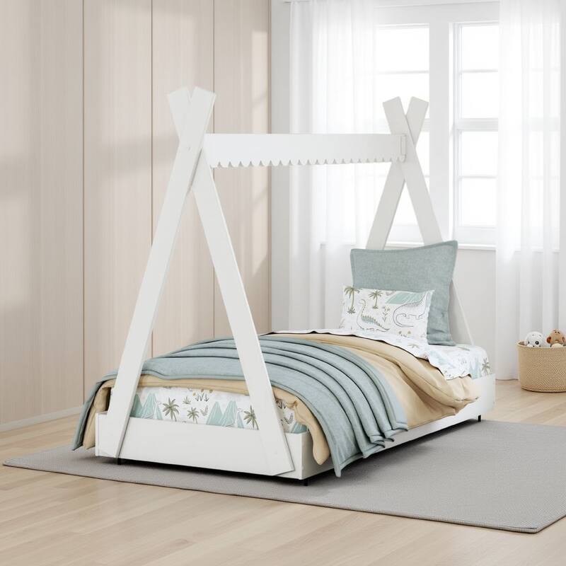 Kally Twin Size Floor Bed, Tent Style Design, Matte White Wood
