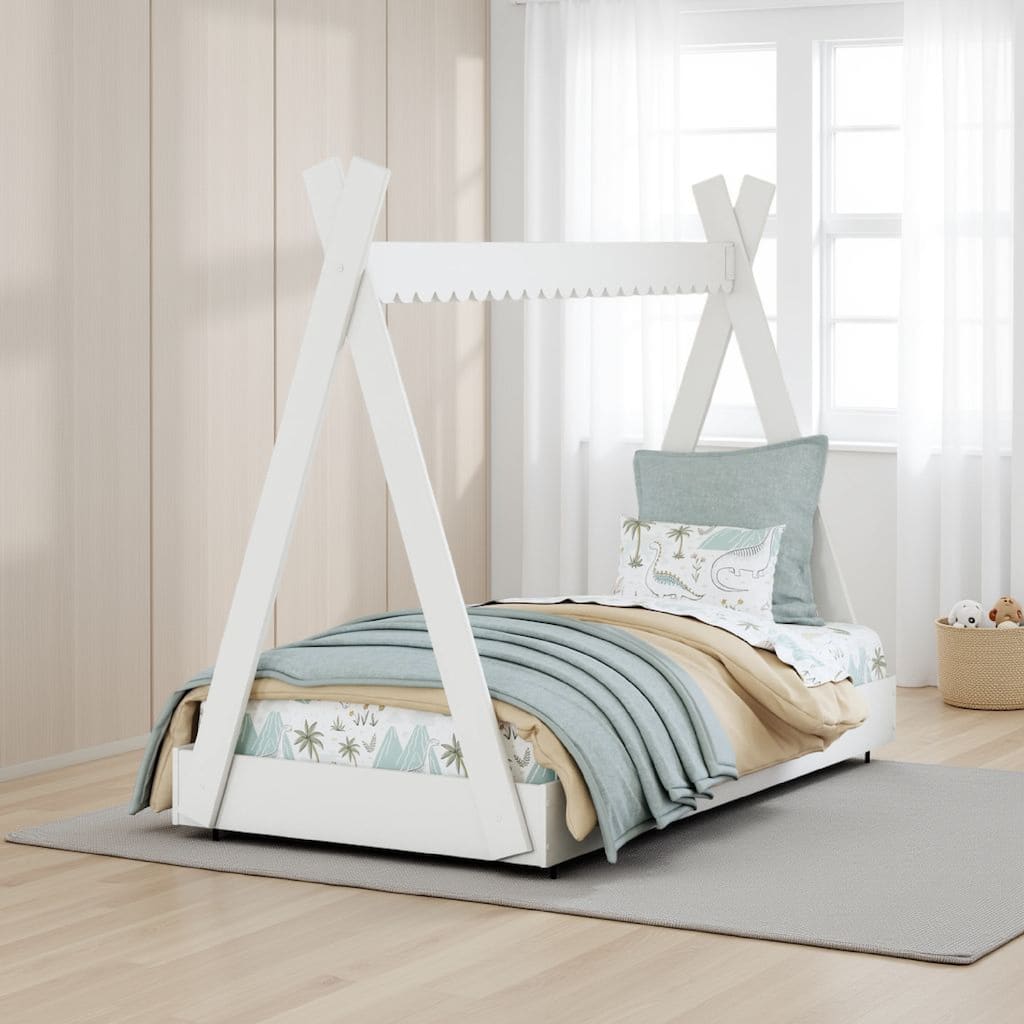 Kally Twin Size Floor Bed, Tent Style Design, Matte White Wood