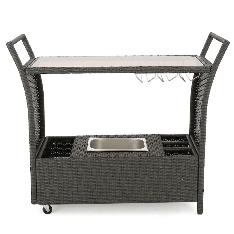 Bahama Outdoor Wicker Bar Cart with Tempered Glass Top by Christopher Knight Home