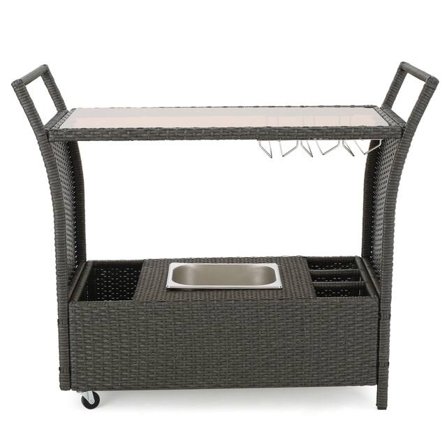 Bahama Outdoor Wicker Bar Cart with Tempered Glass Top by Christopher Knight Home