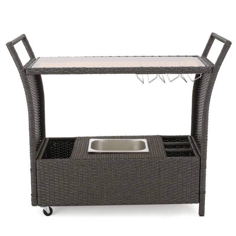 Outdoor Rattan Bar Cart with Removable Ice Bucket, Tempered Glass Top & Wheels, Mobile Beverage Serving Cart with Aluminum Frame