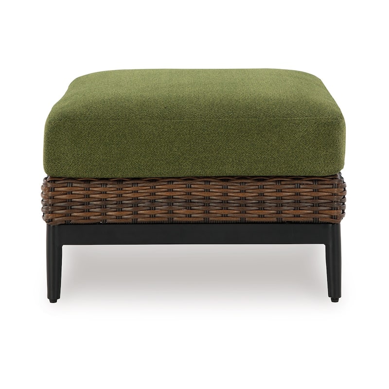 Izon Outdoor Ottoman, Brown Woven Wicker, Green Polyester, 28 Inch